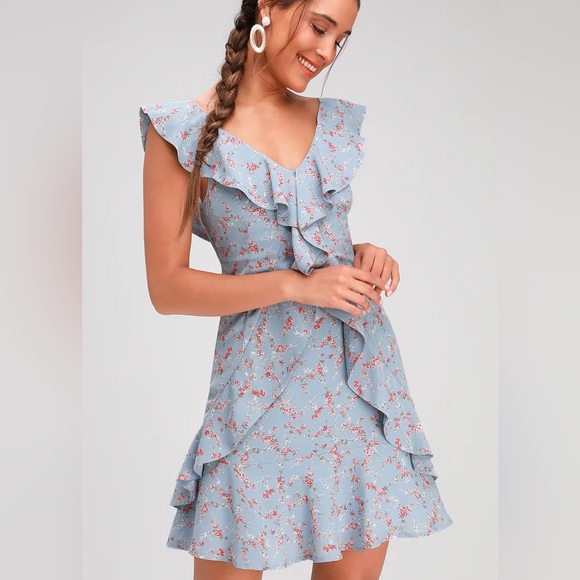Lulus Radiant Rosa Light Blue Floral Print Ruffled Mini Dress EUC - Picture 5 of 6